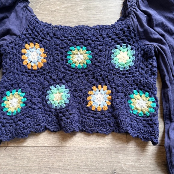 Aerie Crochet Floral Puff Sleeve Square Neck Crop Top Navy Blue Size S - Picture 2 of 5